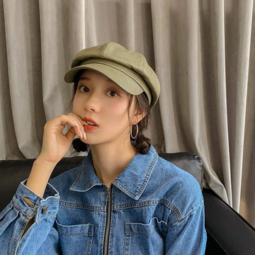 Avocado green Winter Octagonal Cap Women Beret Hats For Girls Newsboy Hats Female British style PU Leather Berets Hat for Street daiiibabyyy